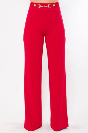 Red Button & Belt Detail Wide Leg Pants from www.adorastar.com.  Features a high-rise fit, front faux buttons, and a wide leg